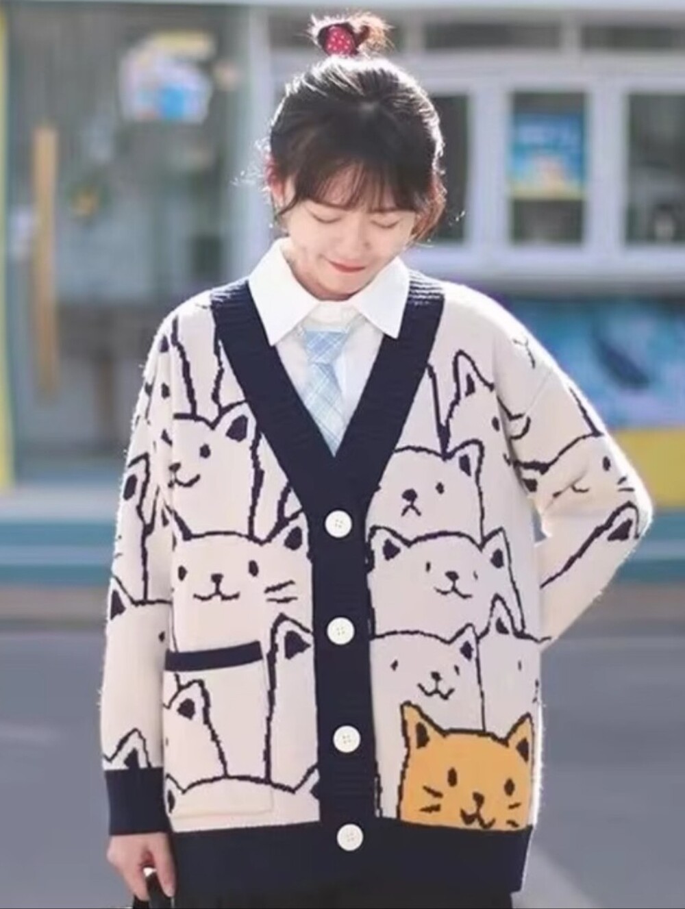 Amazon S Cat Print Button Cardigan B/W & Orange 4052-